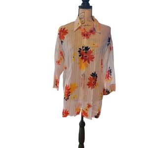 NWOT Liz Claiborne Floral Sheer Button Front Tunic Shirt Large